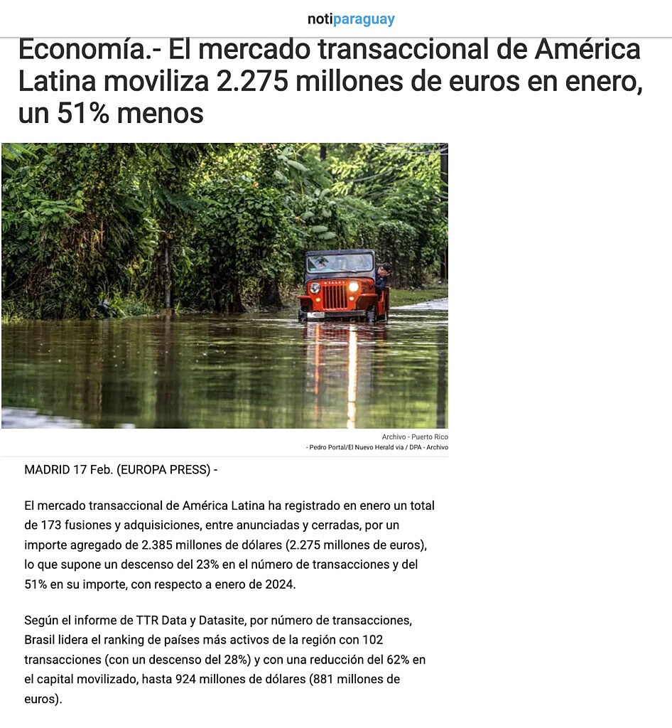 El mercado transaccional de Amrica Latina moviliza 2.275 millones de euros en enero, un 51%